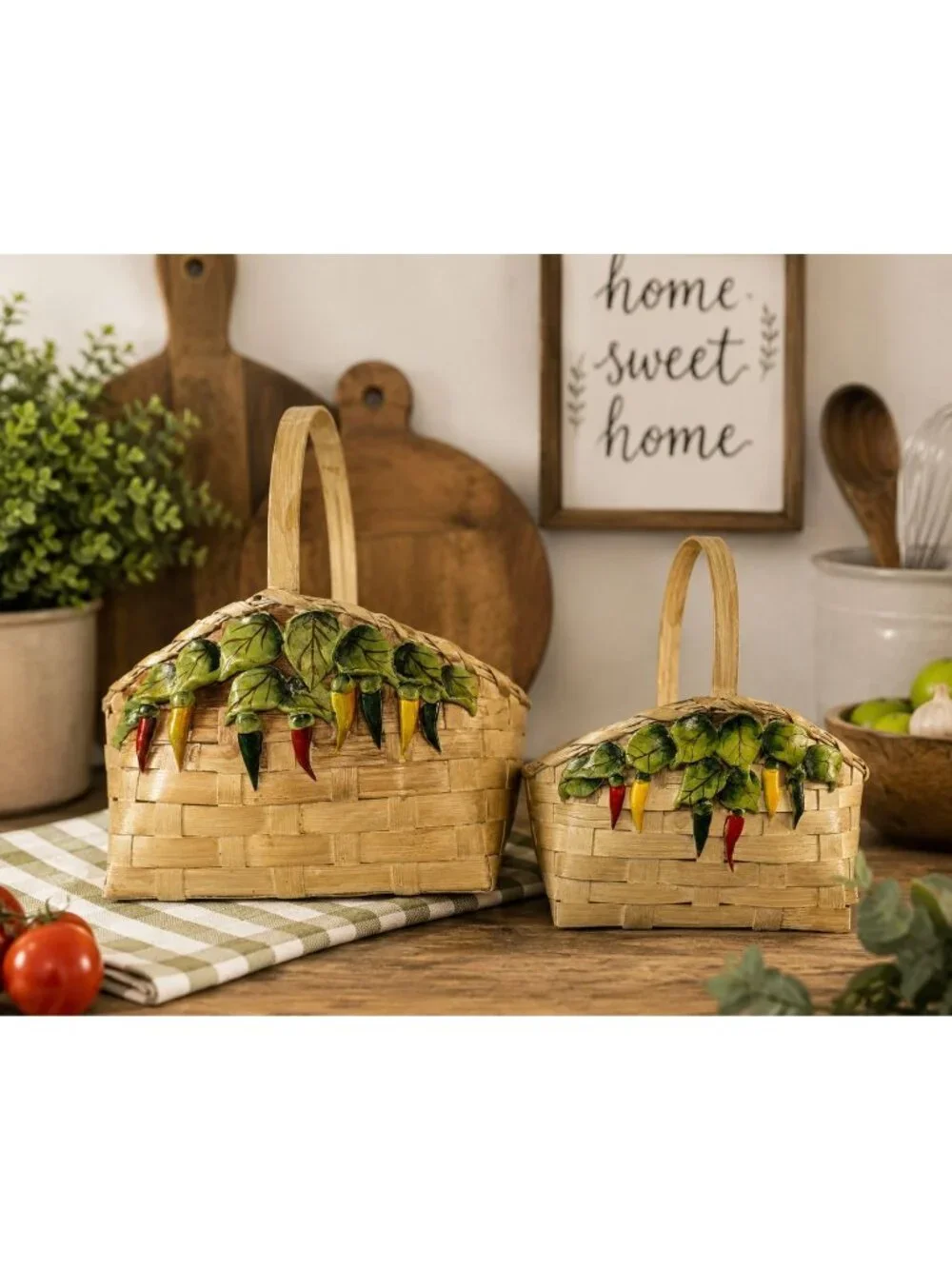 Vintage Wicker Gallery Chili Pepper Baskets Ceramic Accents Set of 2 CBK